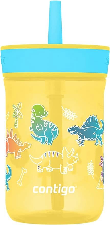 Contigo Leighton Kids Plastic Water Bottle, 14oz Spill-Proof Tumbler with Straw for Kids, Dishwasher Safe, Pineapple/Dinos