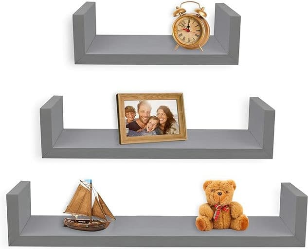 Greenco Set of 3 Floating U Shelves, Gray Finish