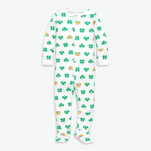 Baby organic zip footie in lucky clovers