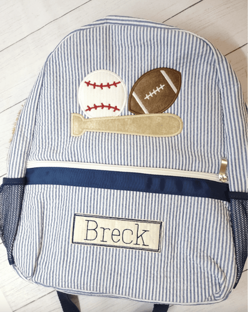 Seersucker backpack, personalized backpack, sports applique backack