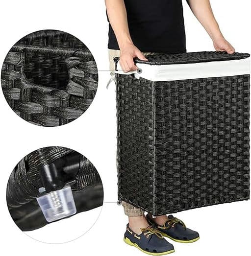 SONGMICS Handwoven Laundry Hamper, 23.8 Gal (90L) Synthetic Rattan Clothes Laundry Basket with Lid and Handles, Foldable, Removable Liner Bag, Black ULCB51BK