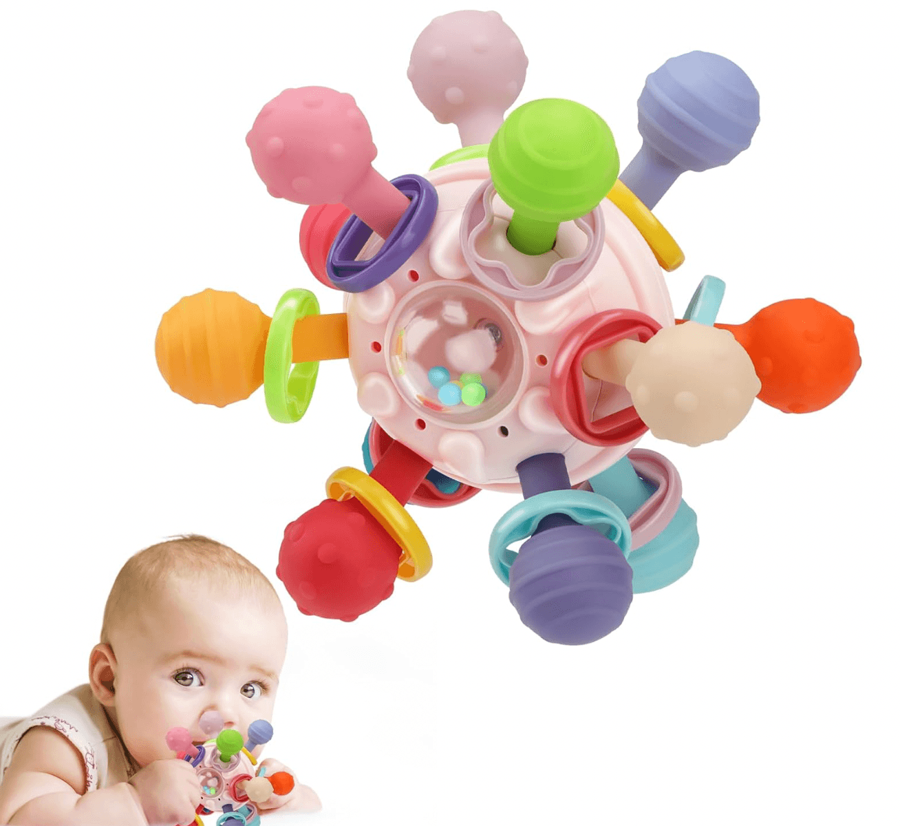 Montessori Sensory Teething Toy with Rattle and Rotating Balls