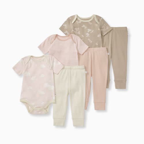 Burt's Bees Baby Organic Short Sleeve Bodysuit & Pant Set (3 Pack) - Pink Ranunculus, 0-3 M