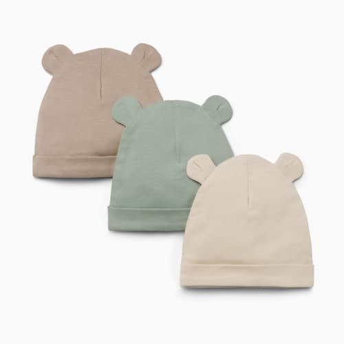 Small Story Organic Cotton Bear Hat (3 Pack) - Biege/Sage/Oat, 0-6 M