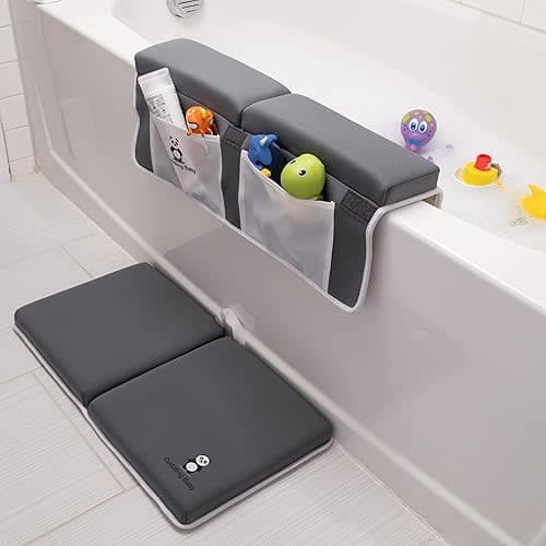 Bath Kneeler and Elbow Rest Pad Set - 2PC Premium Baby Bath Mat Set - Non-Slip Kneeling Pad with Storage Pockets - Machine Washable, Durable Foam Pad Bundle - Gray