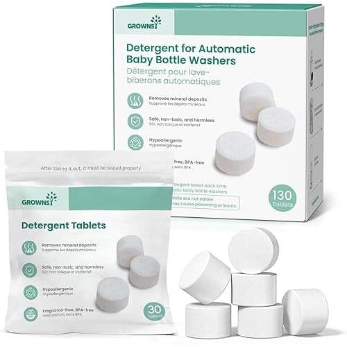 GROWNSY Bottle Washer Detergent Tablets, 130 Count, Deep Cleaning, Compatible with All Brands of Baby Bottle Washers, Removes Milk Residue, Grease & Odor from Bottles and Pump Parts