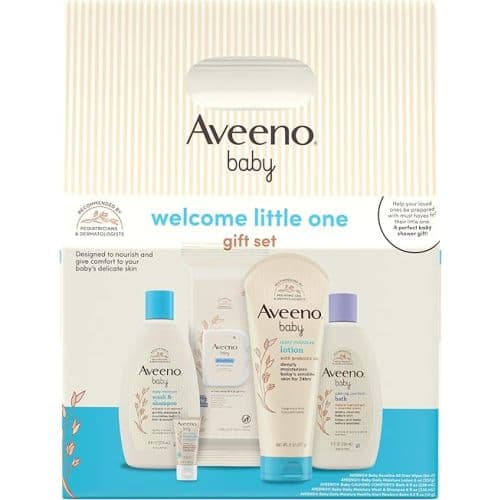 Aveeno Baby Welcome Little One Gift Set, Skincare Set with Nourishing Body Wash & Shampoo, Calming Bath Wash, All Over Wipes, Daily Moisturizing Lotion, & Balm, 5 Items